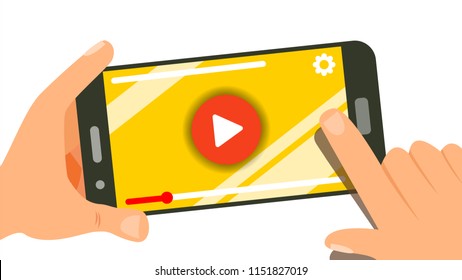 Viendo Video En El Vector Smartphone. Reproductor de vídeo en pantalla. Botón Símbolo de reproducción roja. Pantalla táctil del dedo. Ilustración plana aislada
