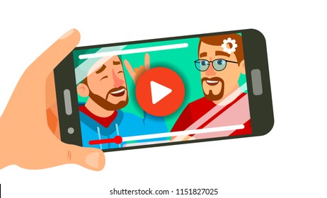 Watching Video On Smartphone Vector. Hand Holding Smartphone. Movie App Concept. Isolated Flat Illustration