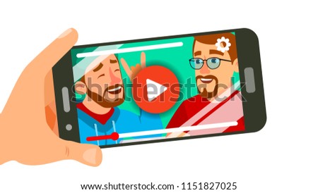 Watching Video On Smartphone Vector. Hand Holding Smartphone. Movie App Concept. Isolated Flat Illustration