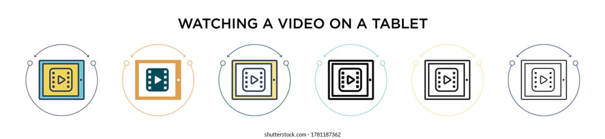 Watching a video on a tablet icon in filled, thin line, outline and stroke style. Vector illustration of two colored and black watching a video on a tablet vector icons designs can be used for