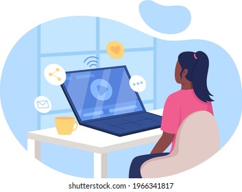 Watching video online 2D vector web banner, poster. Internet learning. Woman at computer desk flat characters on cartoon background. Online audio tutorial printable patch, colorful web element