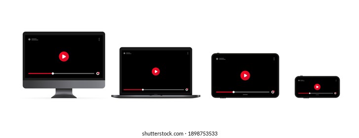 Watching Video Online Illustration. Computer Monitor, Laptop, Tablet And Smartphone Display With Play Button. Vector EPS 10. Isolated On White Background