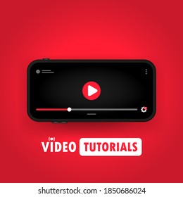 Ver tutoriales de video en la ilustración de un teléfono inteligente. Educación a distancia. Seminario web en línea, curso, formación. Vector de fondo aislado. EPS 10