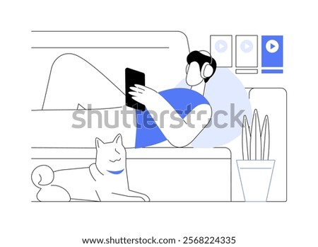 Watching videos isolated cartoon vector illustrations. Man in headphones watching videos using his smartphone, home routine, relaxing and recharging day, gadgets addiction vector cartoon.