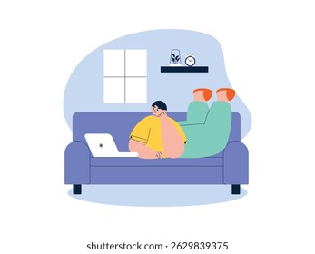 Watching videos on laptop while daydreaming with bored expression, laziness vector illustration.
