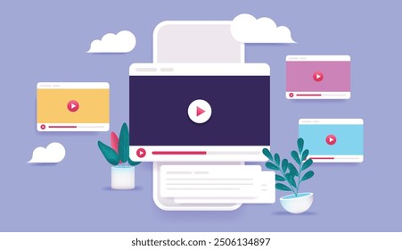 Watching videos on mobile phone screen - Vector illustration of online video channel content with colourful viral tube windows popping out. Semi flat design on purple background