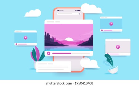 Watching Videos On Smartphone - Phone With Movie And Viral Content Elements. Video Advertisement Concept. 3d Vector Illustration.