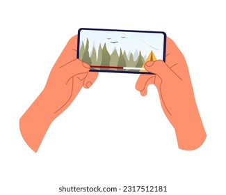 Watching videos online on mobile phone screen. Podcast, news, watching video online, talk show, tv application, live streaming. Hands holding phone