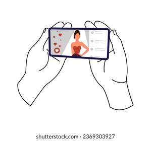 Watching videos online on mobile phone screen. Podcast, news, watching video online, talk show, tv application, live streaming. Hands holding phone