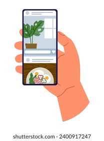 Watching videos online on mobile phone screen. Podcast, news, watching video online, talk show, tv application, live streaming. Hand holding phone