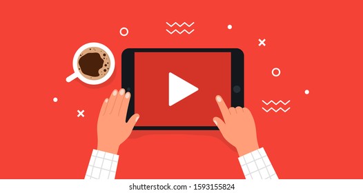 Watching YouTube Video. Hands Holding Tablet. Top View. Vector