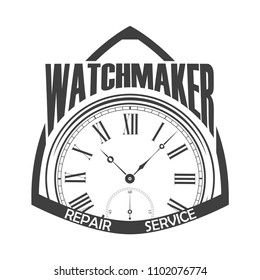 Watchmaker badge on white background, monochrome style, vector