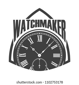 Watchmaker badge on white background, monochrome style, vector
