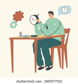 Watchmaker Character Repairing Mechanical Watches Or Alarm Clock. Clockwork Service, Maintenance Concept. Master Sitting At Table In Workshop Fixing Watch Change Parts. Linear Vector Illustration