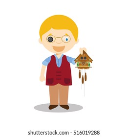 Watchmaker character from Switzerland with cuckoo clock Vector Illustration. Kids of the World Collection.