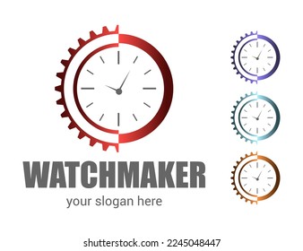 Watchmaker or clockmaker abstract logo. Watchmaking School sign. Watch restoration icon. Clock repair service.