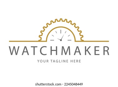 Watchmaker or clockmaker abstract logo. Watchmaking School sign. Watch restoration icon. Clock repair service.