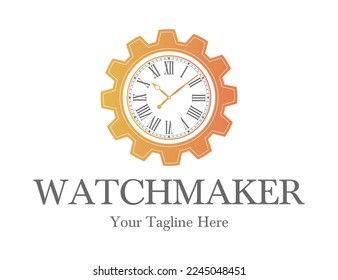 Watchmaker or clockmaker abstract logo. Watchmaking School sign. Watch restoration icon. Clock repair service.