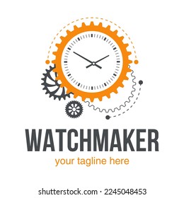 Watchmaker or clockmaker abstract logo. Watchmaking School sign. Watch restoration icon. Clock repair service.