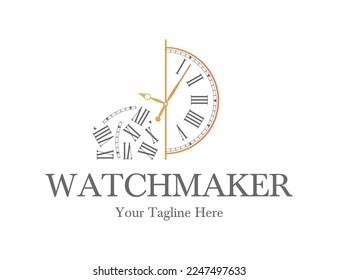 Watchmaker or clockmaker abstract logo. Watchmaking School sign. Watch restoration icon. Clock repair service.