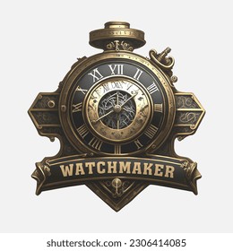 Watchmaker or clockmaker detailed abstract logo. Watchmaking School sign. Watch restoration icon. Clock repair service.