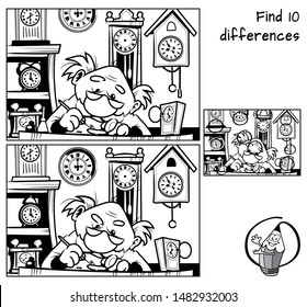 Watchmaker repairing broken old watch. Find 10 differences. Educational matching game for children. Black and white cartoon vector illustration