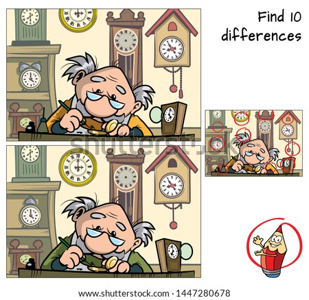 Watchmaker repairing broken old watch. Find 10 differences. Educational matching game for children. Cartoon vector illustration