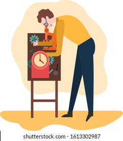 The watchmaker is repairing the watch. A young man takes apart a watch for nuts and cogs. Simple flat vector cartoon illustration