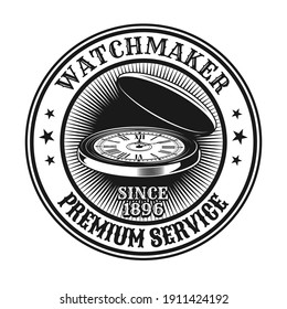 Watchmaker stamp design. Monochrome element with vintage open watch vector illustration with text. Watch shop and service concept for symbols, emblems and labels templates