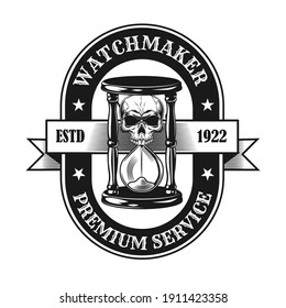 Watchmaker symbol design  Monochrome element and skull in sandglass vector illustration and text  Watchshop   service concept for emblems   labels templates