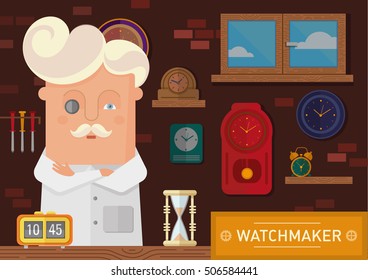 watchmaker in the workplace with a clock on the wall