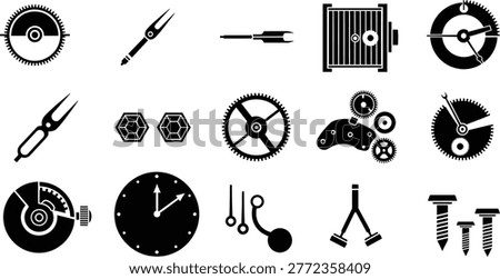 Watchmaking tool icons set with clock parts repair equipment in black