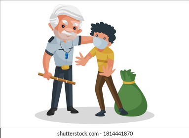Watchman is beating the thief with a stick. Vector graphic illustration. Individually on a white background.