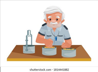 Watchman is eating food from tiffin. Vector graphic illustration. Individually on a white background.