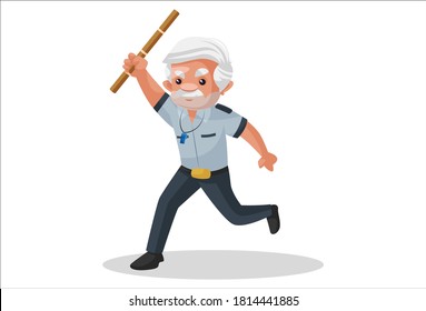 Watchman is holding stick in hand and running. Vector graphic illustration. Individually on a white background.