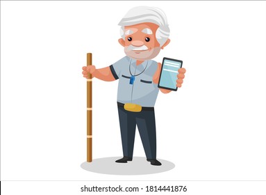 Watchman is holding a stick in one hand and a mobile phone in another hand. Vector graphic illustration. Individually on a white background.
