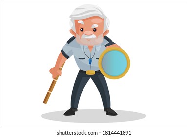 Watchman is holding stick in one hand and a flashlight in another hand. Vector graphic illustration. Individually on a white background.