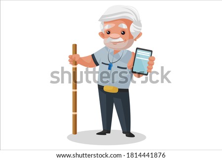 Watchman is holding a stick in one hand and a mobile phone in another hand. Vector graphic illustration. Individually on a white background.