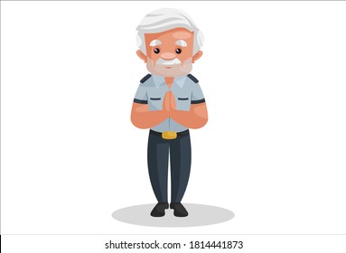 Watchman with namaste greeting with hands. Vector graphic illustration. Individually on a white background.
