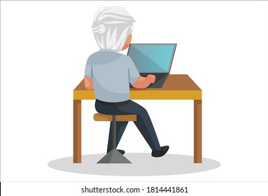 Watchman is sitting, backside view and working on a laptop. Vector graphic illustration. Individually on a white background.