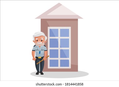 Watchman is standing at a door. Vector graphic illustration. Individually on a white background.