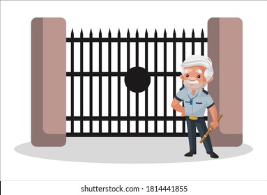 Watchman is standing at the gate. Vector graphic illustration. Individually on a white background.