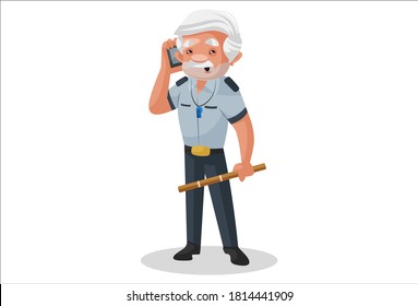 Watchman is talking on a mobile phone. Vector graphic illustration. Individually on a white background.