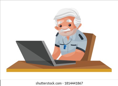Watchman is working on a laptop. Vector graphic illustration. Individually on a white background.