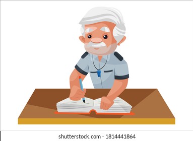 Watchman is writing on a register. Vector graphic illustration. Individually on a white background.