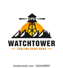 watchtower illustration logo design on the mountain