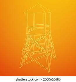 Torre de vigilancia o torre de observación para cazadores. Ilustración vectorial de malla baja de malla de malla de alambre.