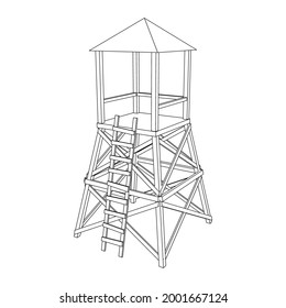 Torre de vigilancia o torre de observación para cazadores. Ilustración vectorial de malla baja de malla de malla de alambre.