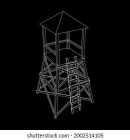 Torre de vigilancia o torre de observación para cazadores. Ilustración vectorial de malla baja de malla de malla de alambre.