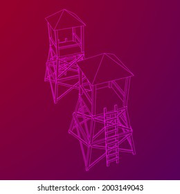 Watchtower or observation tower for hunters. Wireframe low poly mesh vector illustration.